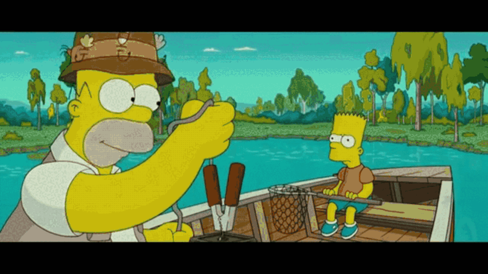 Gif of Homer and Bart fishing Bye Bye Fishies
